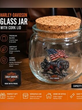 Harley-Davidson Clear Glass Jar with Cork Lid and American Flag Wolf Decal